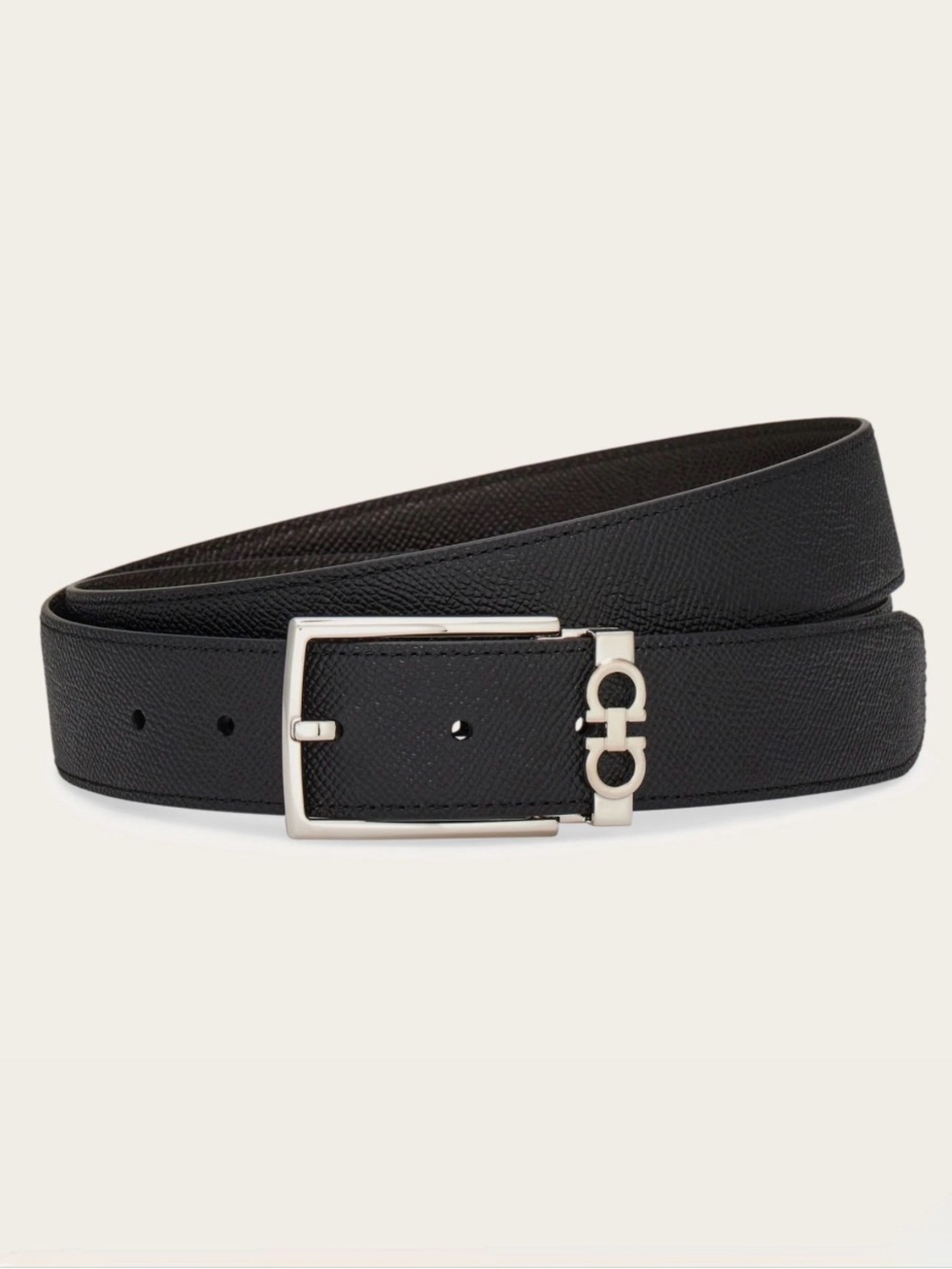Salvatore Ferragamo Black Leather Belt with Silver Gancini Buckle
